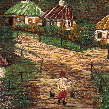 Landscape of the village with a church and a windmill