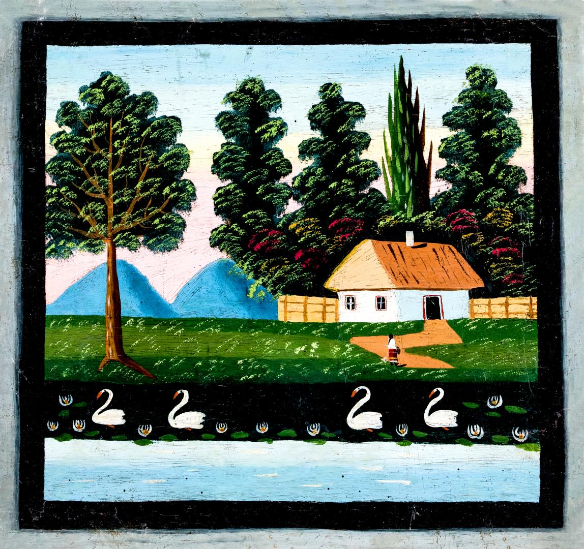Rural landscape with swans