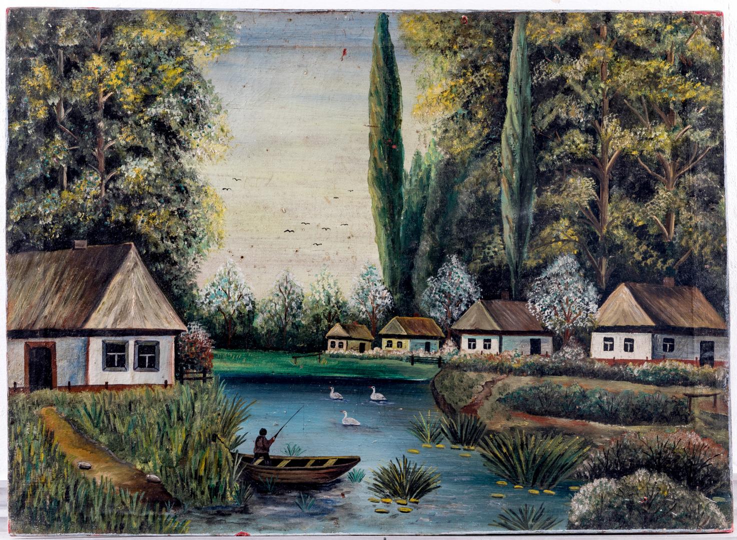 Rural landscape with a fisherman