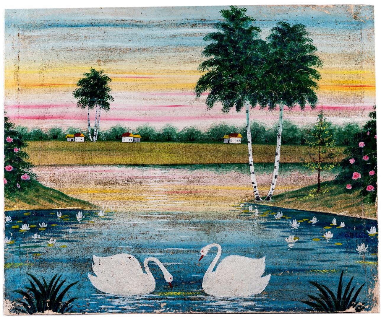 Swans among white lilies