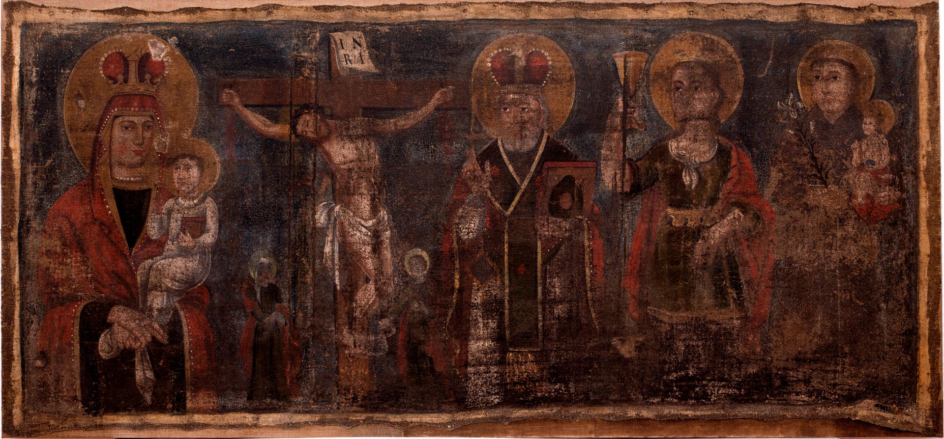 Icon 'Virgin of Pochaiv, the Crucifixion, St. Nicholas, St. Barbara, St. Anthony of Padua'