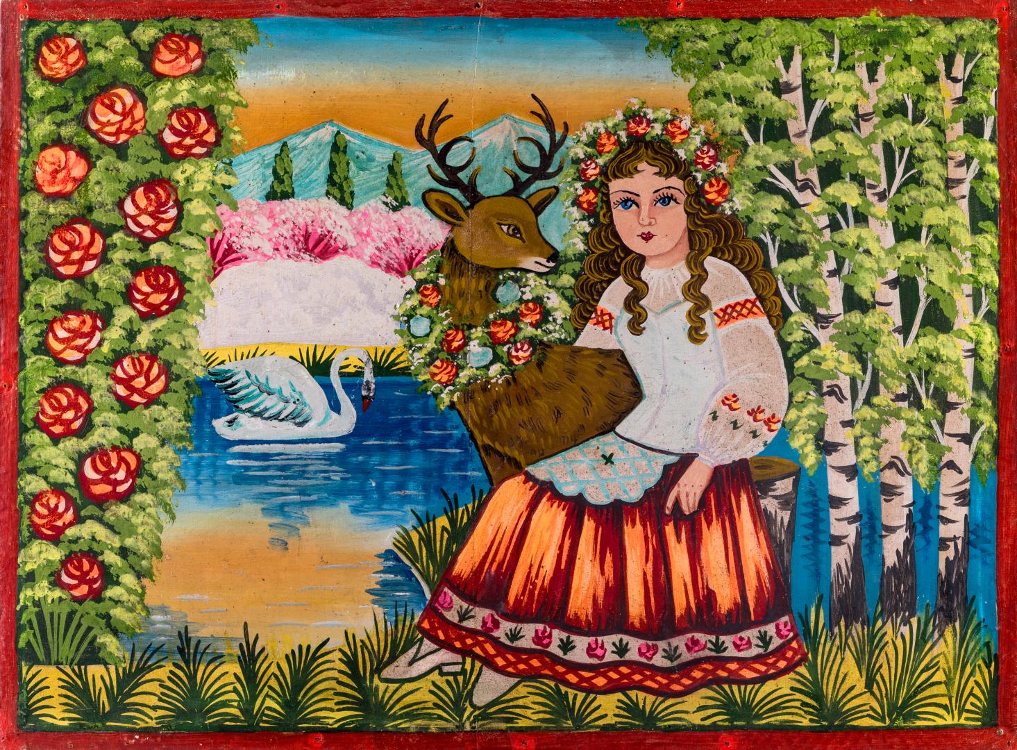 Дівчина на березі озера з оленем і лебедем