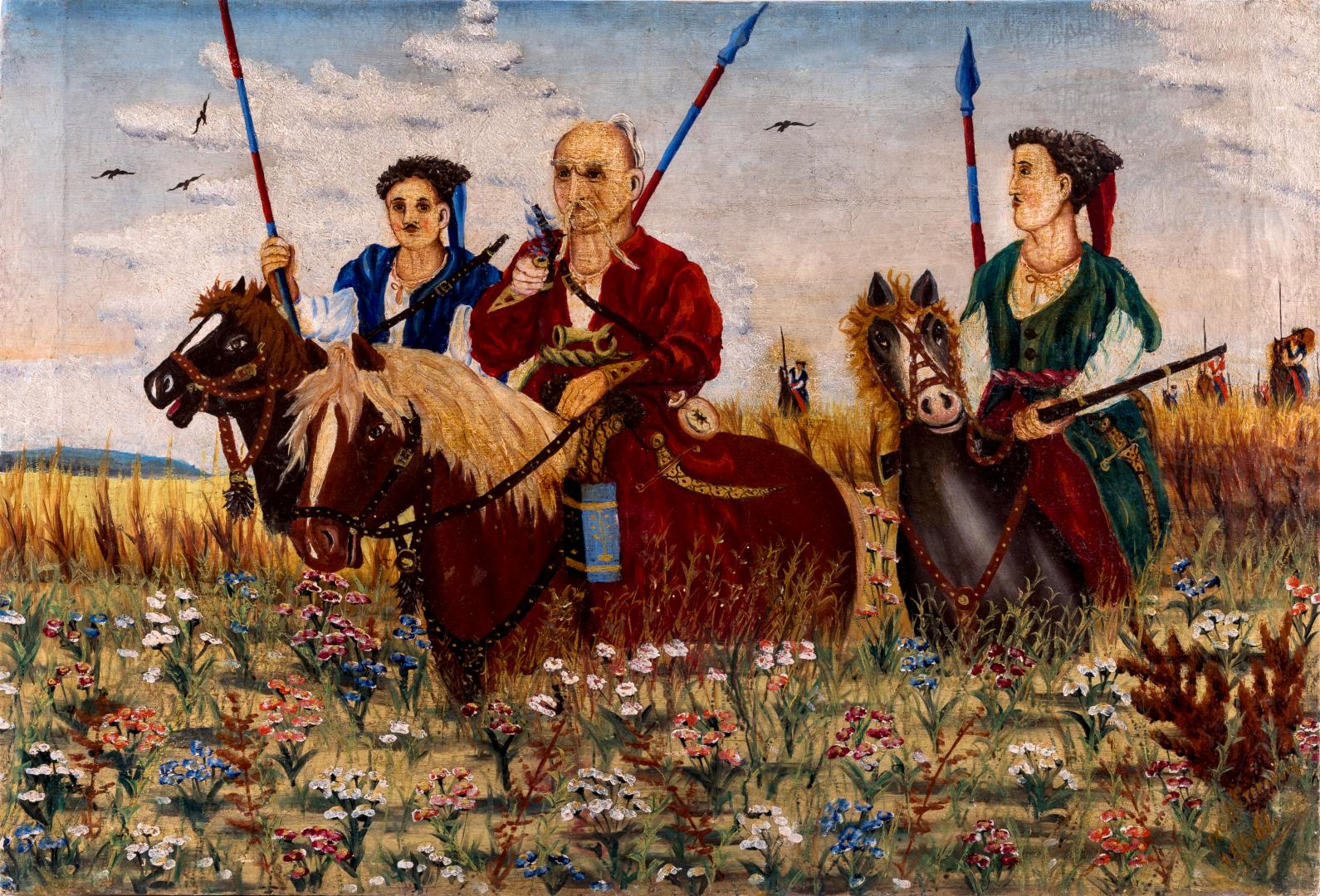Taras Bulba with his sons in the steppe