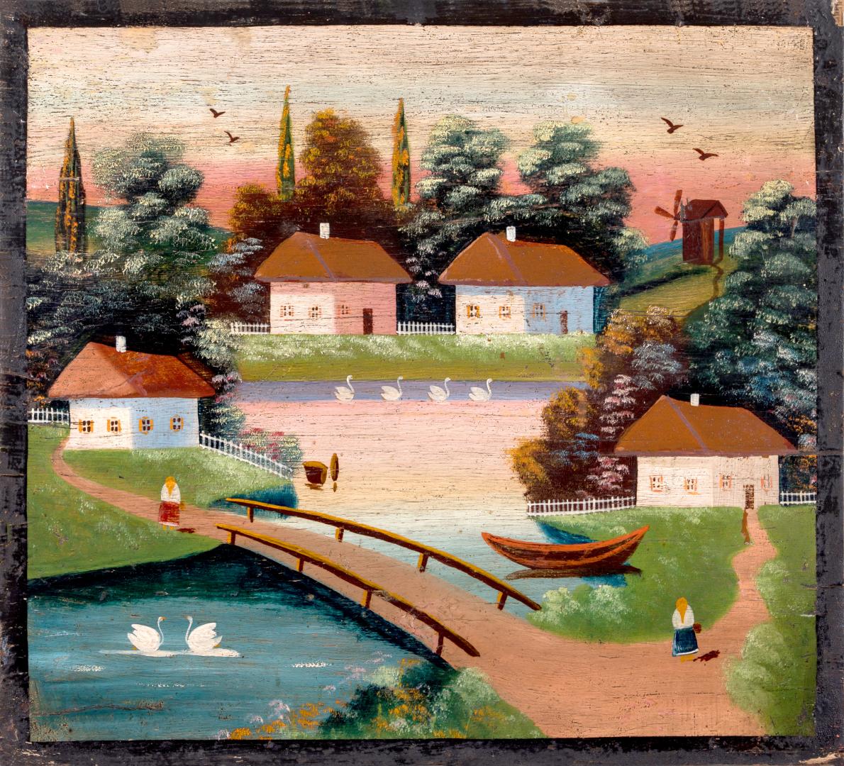 Rural landscape with a bridge and swans