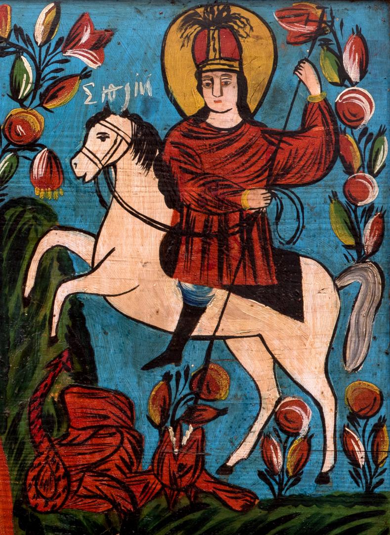 Icon 'Virgin with Child, Crucifixion with those present, Saint George the Dragonslayer'