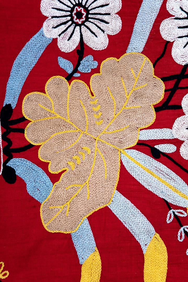 Bright red (made from kumach) embroidered rushnyk (towel)