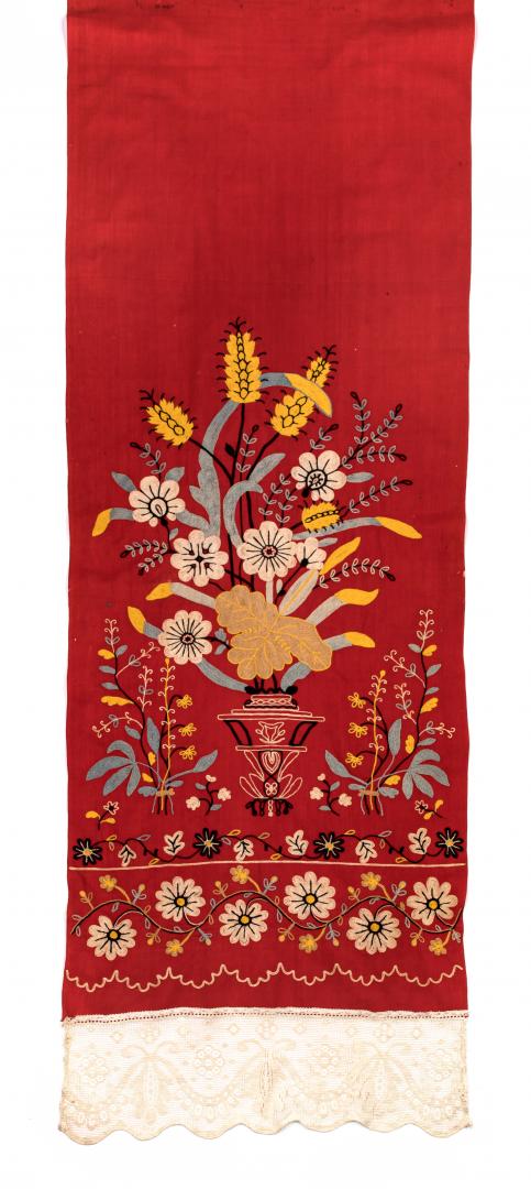 Bright red (made from kumach) embroidered rushnyk (towel)