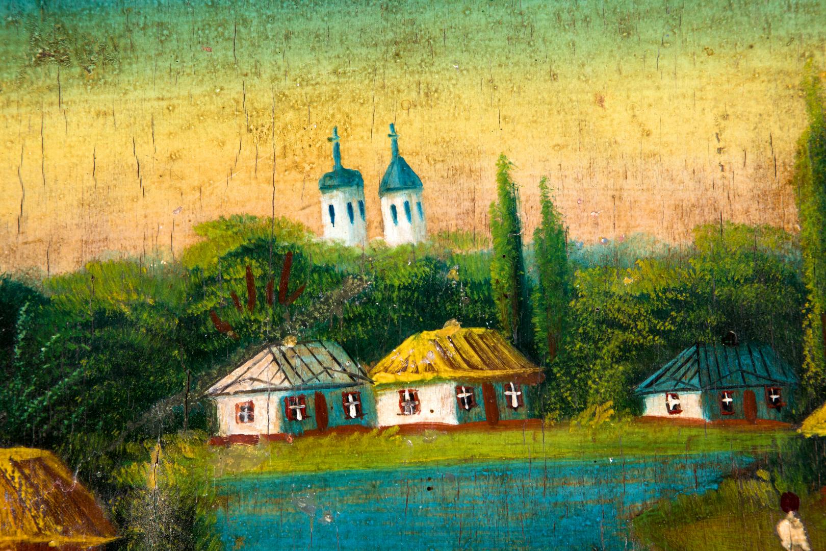Rural landscape with a church and swans