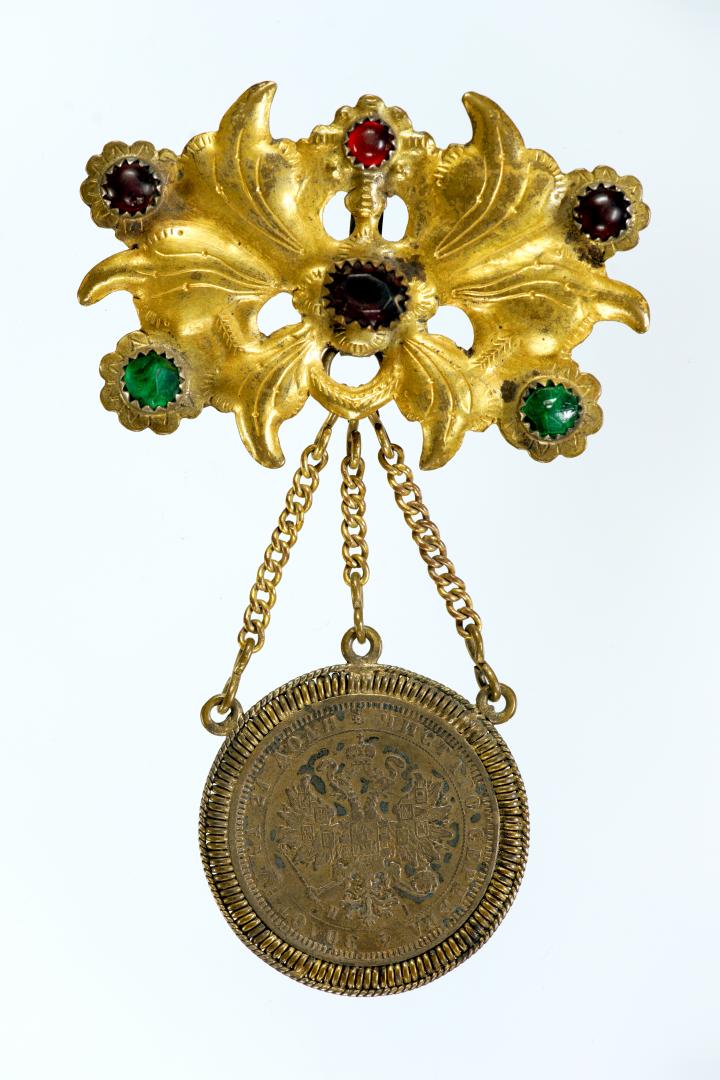 Dukach (large coin-shaped pendants) hung on a ribbon; worn as accessory