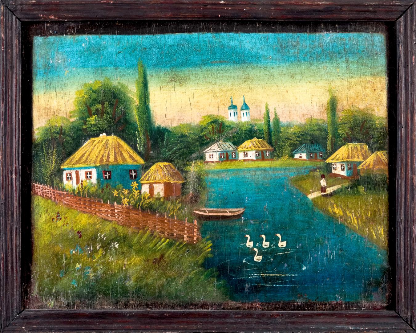 Rural landscape with a church and swans