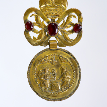 Dukach (large coin-shaped pendants) hung on a ribbon; worn as accessory
